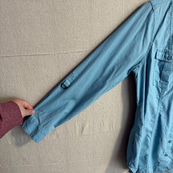 Coldwater Creek Shirt Size L 14 16 Blue Linen Blend Button Up Adjustable Sleeves - Picture 4 of 12